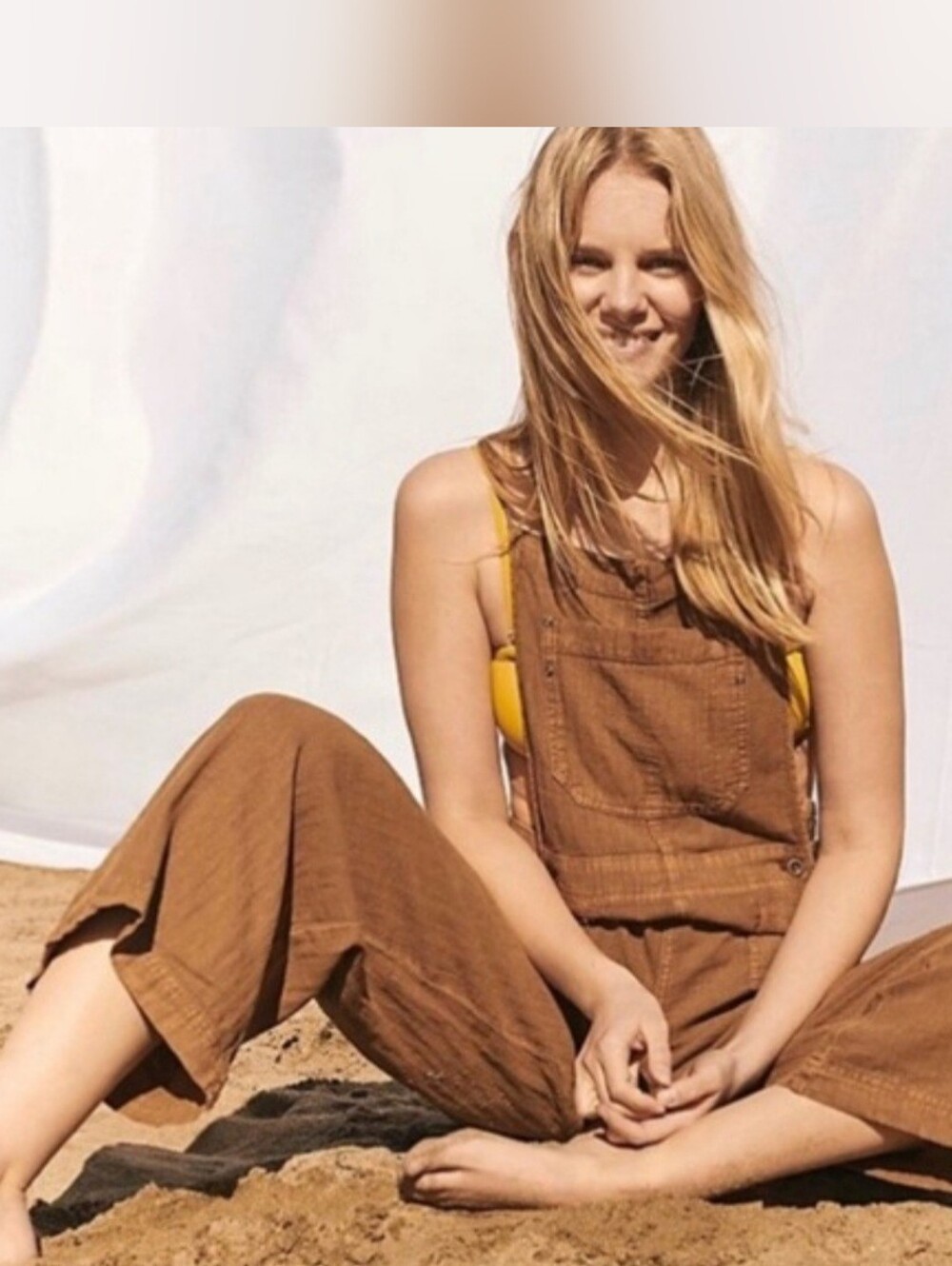 Free People Linen Blend Natural Sights Overalls Size L - Picture 11 of 16